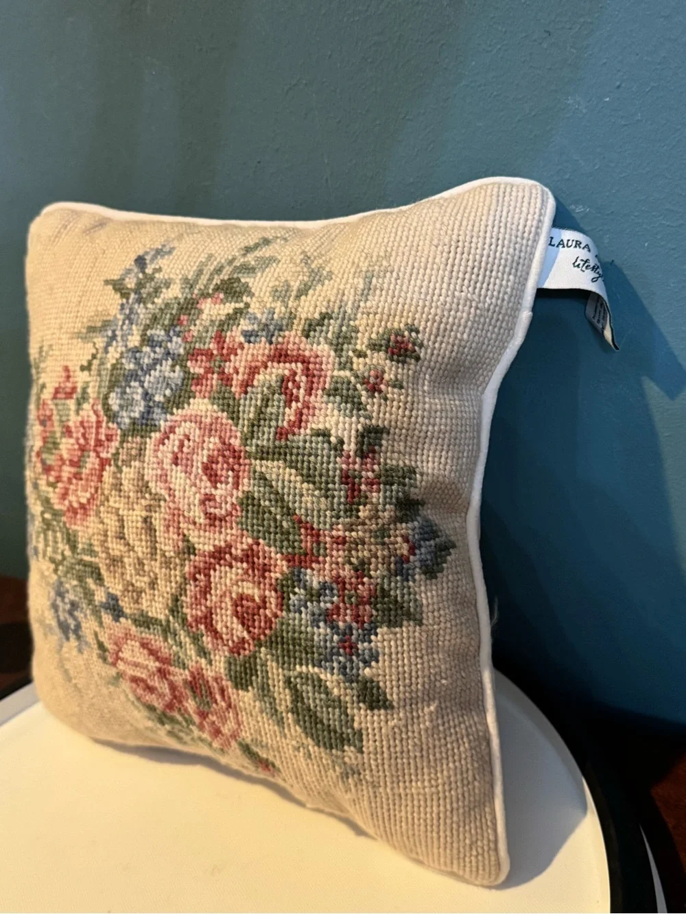 Laura Ashley Lifestyles Floral Needlepoint Pillow 11” Square Floral Ivory Velvet